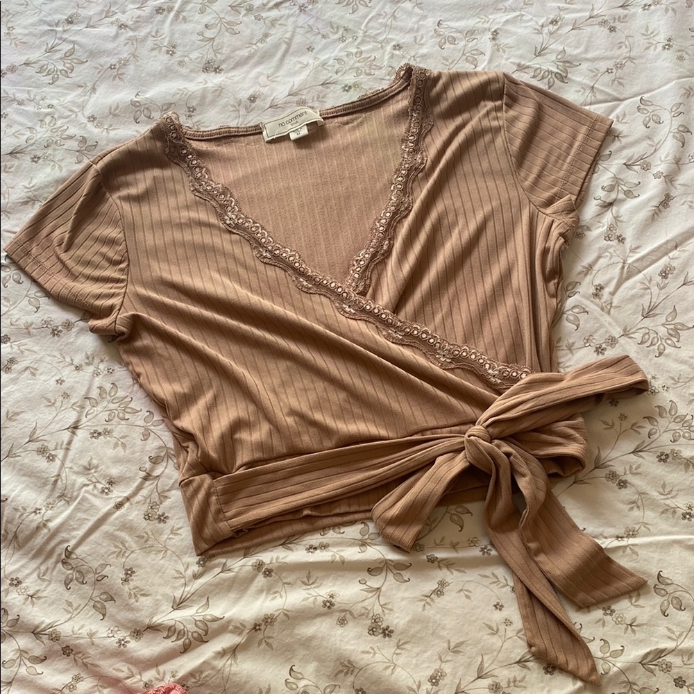 No Comment Tan Top with Lace Detail